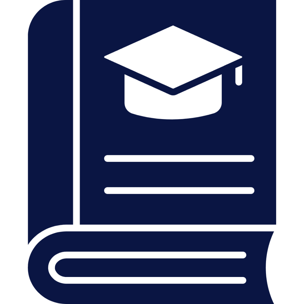 Navy graphic of a book with a graduation style hat on the cover of the book