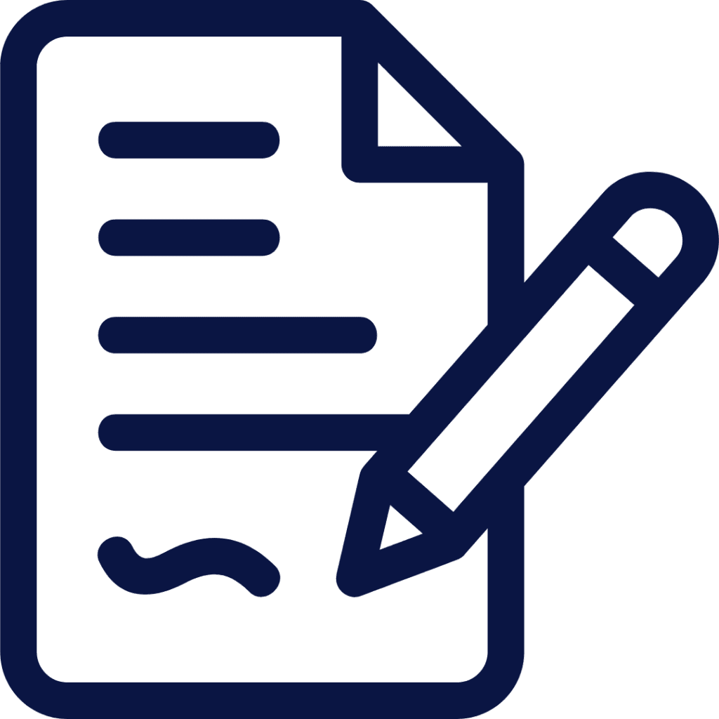 navy graphic of notepad paper icon with lines on it and a squiggle line indicating a signature, with a pencil on the side of the paper