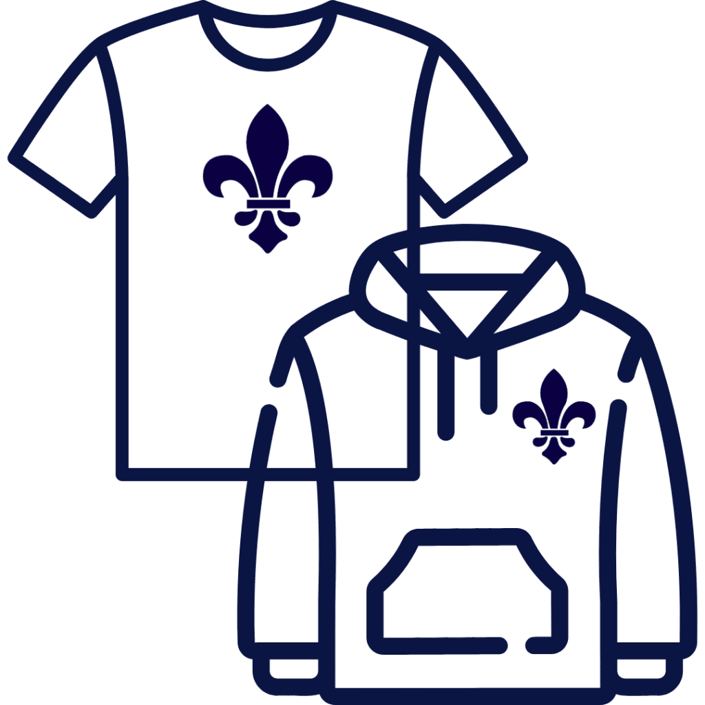 navy graphic of one short sleeve tshirt with the school logo, a fleur de lis on it, with a hoodie icon also with a fleur de lis of the school logo in the right upper pocket area