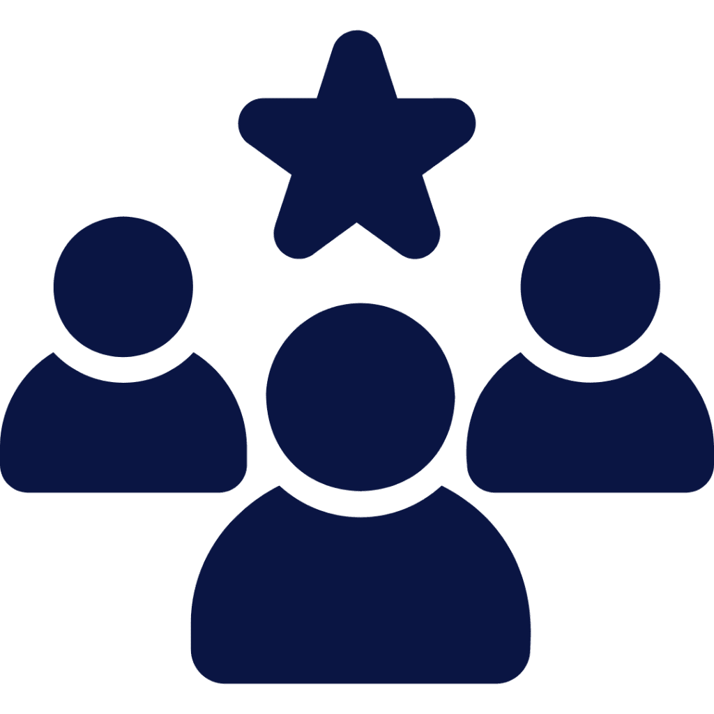 navy graphic of three icons of people, with a star in the center of all of them
