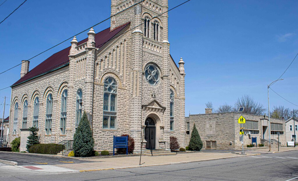 Church and School from the street point of view from the front