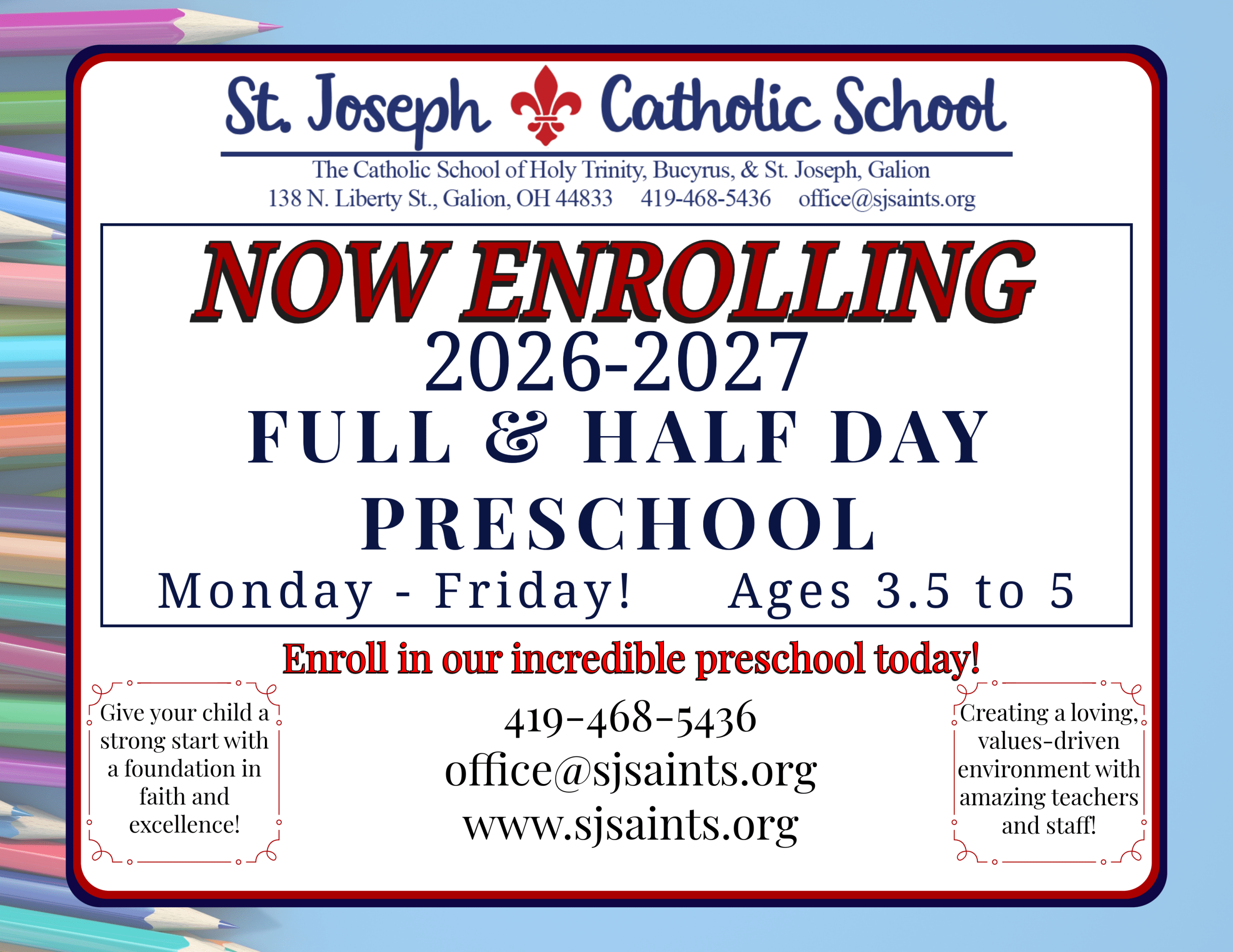 st joseph school preschool registration is open for 2026 2027 school year, fully funded tuition